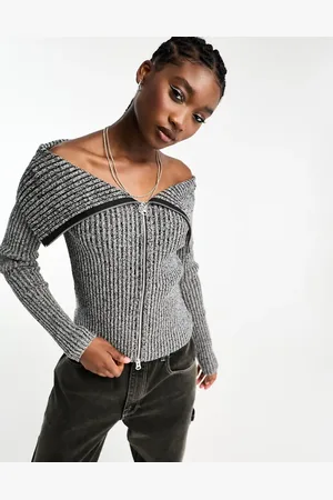 Weekday Vanna zip through off the shoulder jumper in grey marl