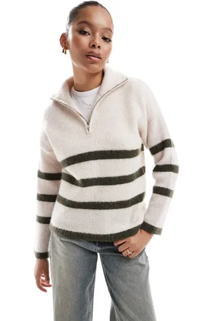 SELECTED Femme half zip knitted merino wool blend stripe jumper in cream with green stripe