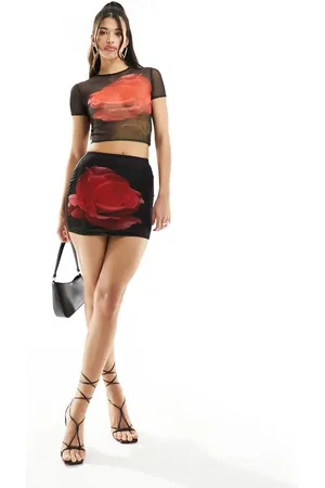 Kaiia Mesh flower motif mini skirt co-ord in