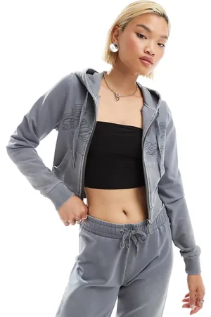 ED HARDY Overdye zip through boxy hoodie in grey with logo co-ord