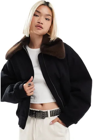 Monki Zip front jacket in with contrast faux fur collar