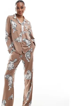 Chelsea Peers Chelsea Peers Exclusive Tall poly tiger print button long sleeve top and trouser pyjama set in chocolate