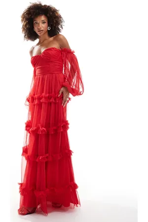 Lace & Beads Sheer sleeve tulle ruffle maxi dress in