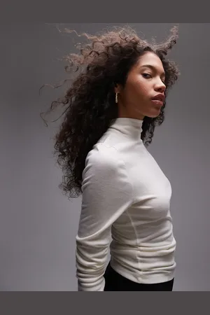 Topshop Premium sheer high neck long sleeve top in cream
