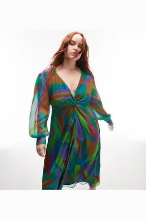 Topshop Long sleeve twist cut out midi dress in print