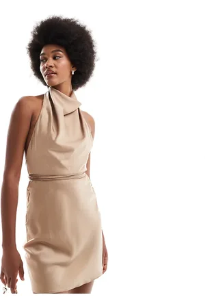 ASOS ASOS DESIGN Tall satin cowl neck mini dress with tie waist in taupe