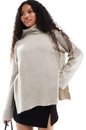 VILA Roll neck oversized jumper with turn up cuff in natural melange