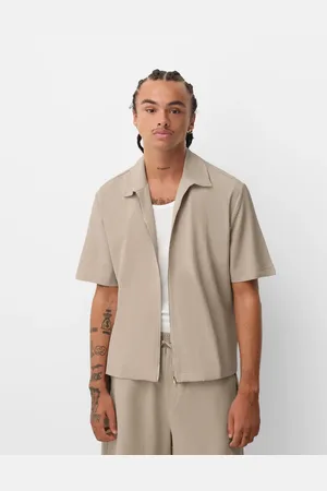 Bershka Zip through cotton shirt in sand