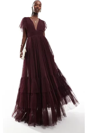 Lace & Beads Bridesmaid Madison v neck tulle maxi dress in plum