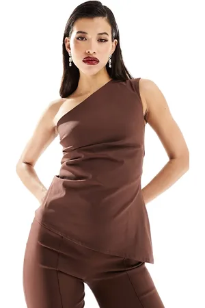 Vesper Bengaline one shoulder asymmetric top co-ord in chocolate