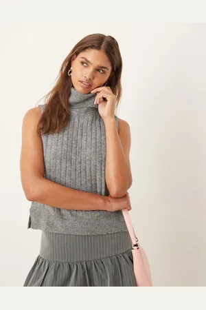 VILA Ribbed high neck sleevless knitted vest in dark
