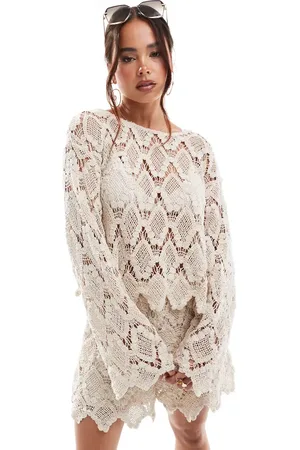 Y.A.S Festival crochet bell sleeve co-ord in cream - BEIGE