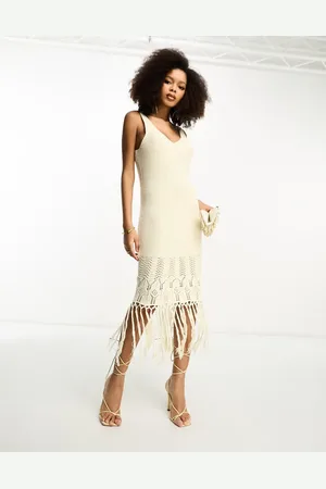 Y.A.S Crochet maxi dress with fringe hem detail in cream - CREAM