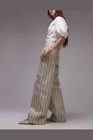 Topshop Stripe wide leg turn back hem trouser in stone