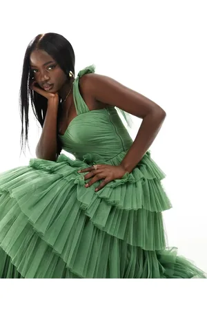 Lace & Beads Tiered tie shoulder tulle maxi dress in olive