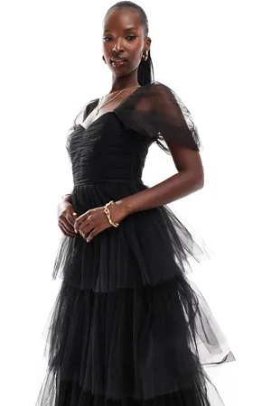 Lace & Beads Ruched tulle tiered midi dress in