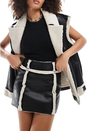SNDYS Leather look contrast borg detail mini skirt co-ord in