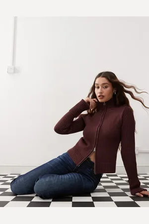 Weekday Winona high neck zip cardigan with folded cuffs in burgundy