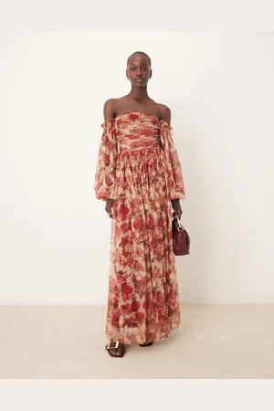 Lace & Beads Sheer sleeve tulle ruffle maxi dress in rose floral