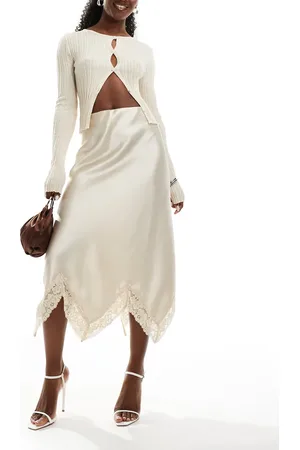 Miss Selfridge Satin maxi skirt with trim in cream