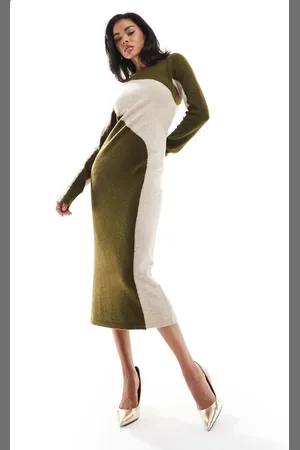 Style Cheat Knitted colourblock midi dress in khaki and cream
