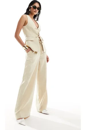 ASOS Bead tie detail tailored trousers in textured cream