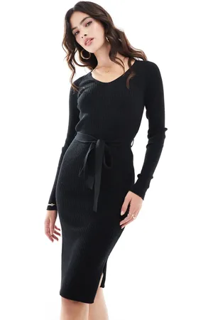 VERO MODA Long sleeve rib knit midi dress with belt in
