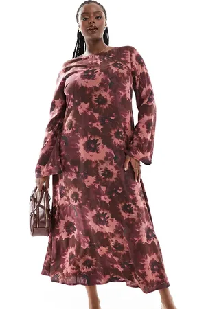 ASOS ASOS DESIGN Curve viscose slash neck midi dress with v-back detail in red blurred floral print