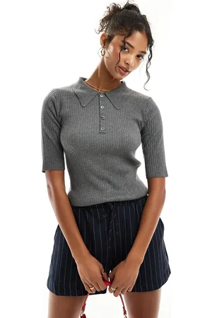 Y.A.S Half sleeve knitted polo top in medium melange