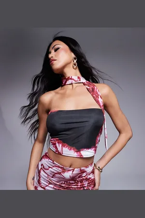 Kaiia Exclusive slinky scarf detail bandeau top co-ord in pink & red floral print