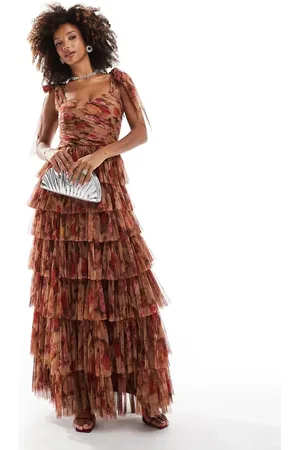 Lace & Beads Tiered bow shoulder tulle maxi dress in rose floral