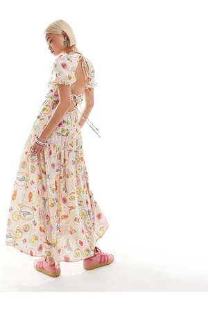 Neon Rose Lunch print tiered midaxi smock dress in