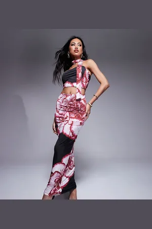 Kaiia Exclusive slinky midaxi skirt co-ord in pink and red floral print