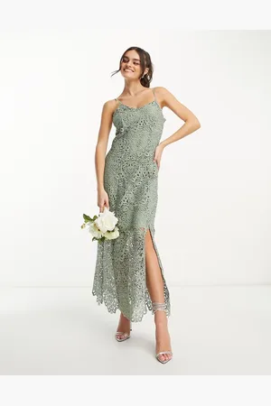 Y.A.S Bridesmaid embroidered strappy pencil midi dress in sage - LGREEN