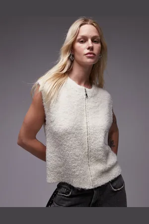 Topshop Knitted zip through boucle crew neck vest in ivory