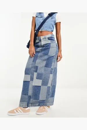Something New X GORPECORE SQUAD patchwork maxi denim skirt in medium wash