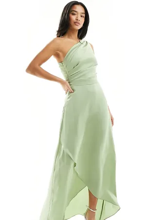 TFNC Bridesmaid Satin one shoulder maxi dress with wrap skirt in sage