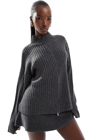 Kaiia Zip through ribbed knit jumper co-ord in charcoal