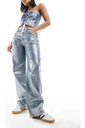 ASOS Mid rise baggy boyfriend jean in metallic silver