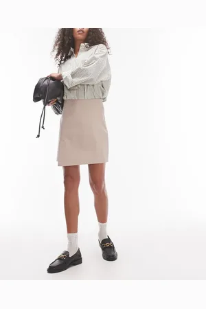 Topshop Faux leather step hem mini skirt in fawn