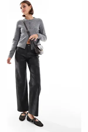 ONLY High waist faux leather straight leg trousers in washed
