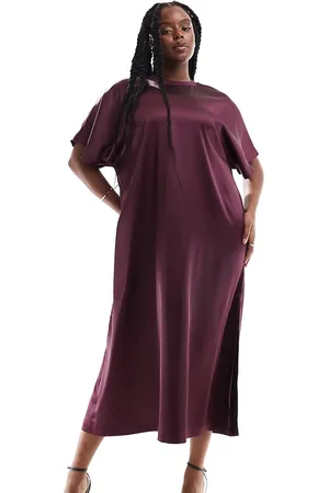 ASOS ASOS DESIGN Curve satin oversized midi tshirt dress in burgundy