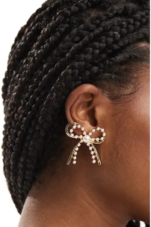 8 Other Reasons Rhodium plated pearl embellished bow earrings in gold