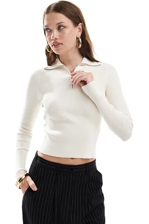 Miss Selfridge Rib knit half zip collar detail top in cream