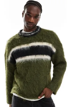 The Ragged Priest Faux mohair standard knit jumper with stripe in khaki