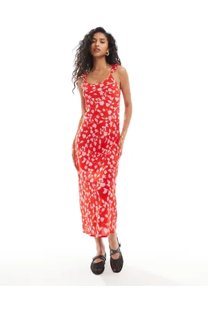 MANGO Floral print cami midi dress in red and