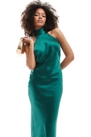 Pretty Lavish High neck satin midi dress in emerald