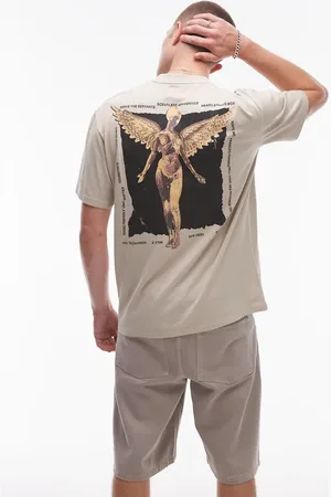 Topman Oversized fit t-shirt with Nirvana angel front and back print in washed stone