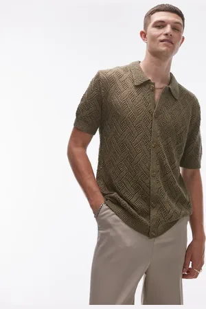 Topman Crochet button through shirt in khaki