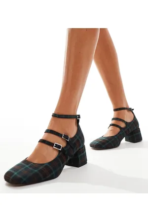 ASOS Wide Fit Socco mid block heeled mary jane shoes in check